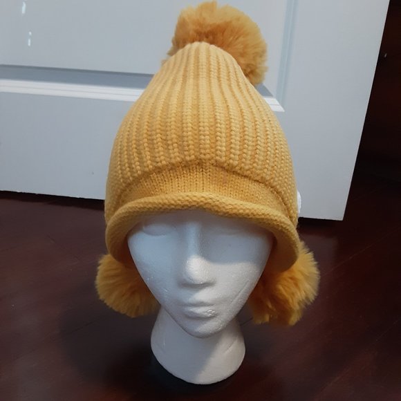 Golden Yellow Triple Pom Pom Fleece Lined Beanie Hat - Picture 5 of 8